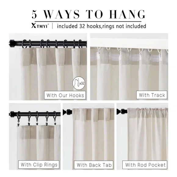 NWT XTMYI Back Tab/Hooks Linen Cotton Sheer Curtains 50"w x 45"l Oatmeal/Beige - Picture 4 of 6